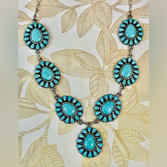 VTG Navajo Sterling Silver Turquoise ClusterNecklace Signed Native American 50 g